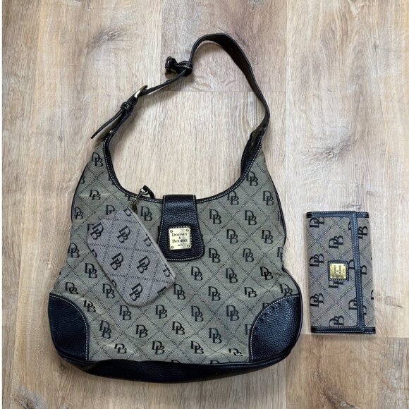 Vintage Dooney & Bourke Monogram Hobo Bag Canvas Matching Wallet - Picture 1 of 16